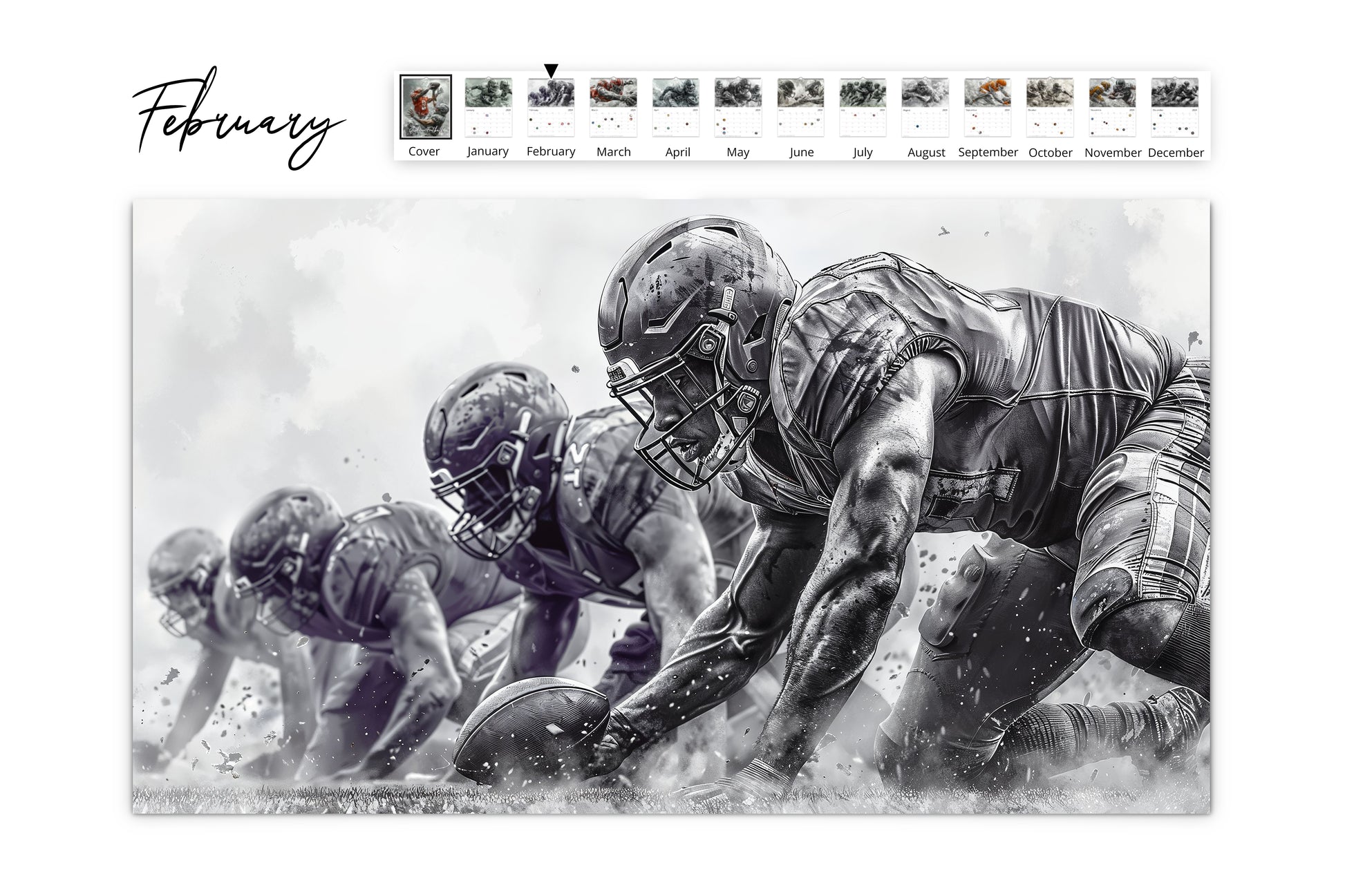 February calendar page showing a line of football players ready for a play, captured in a dramatic moment with snow effects