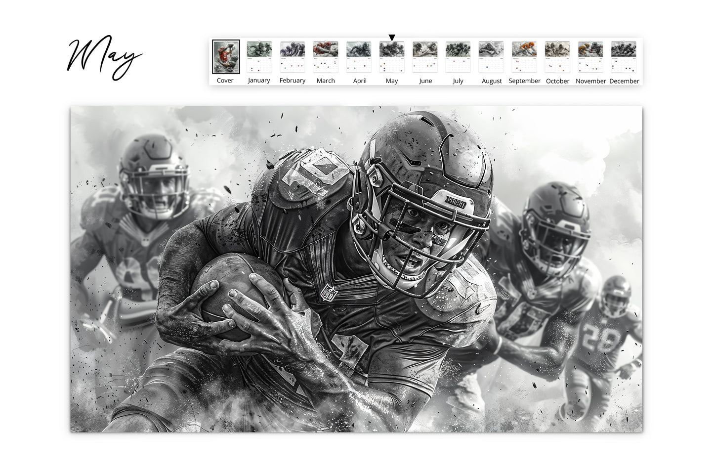 May calendar page depicting a group of football players charging forward, showcasing teamwork and power