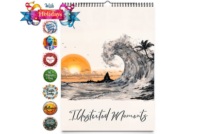 A cover of the "Illustrated Moments" calendar featuring a vibrant, artistic depiction of a sunset behind a crashing wave with palm trees on the side. Decorative holiday icons are displayed to the left of the cover.