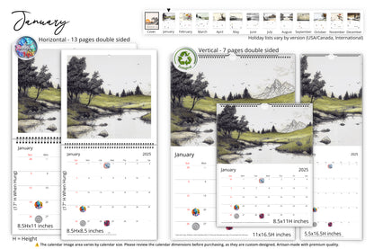 A preview of January pages in the "Illustrated Moments" calendar, showing horizontal and vertical layouts. The artwork includes a serene, natural landscape with a calm river, trees, and distant hills. Dimensions and holiday icons are highlighted.