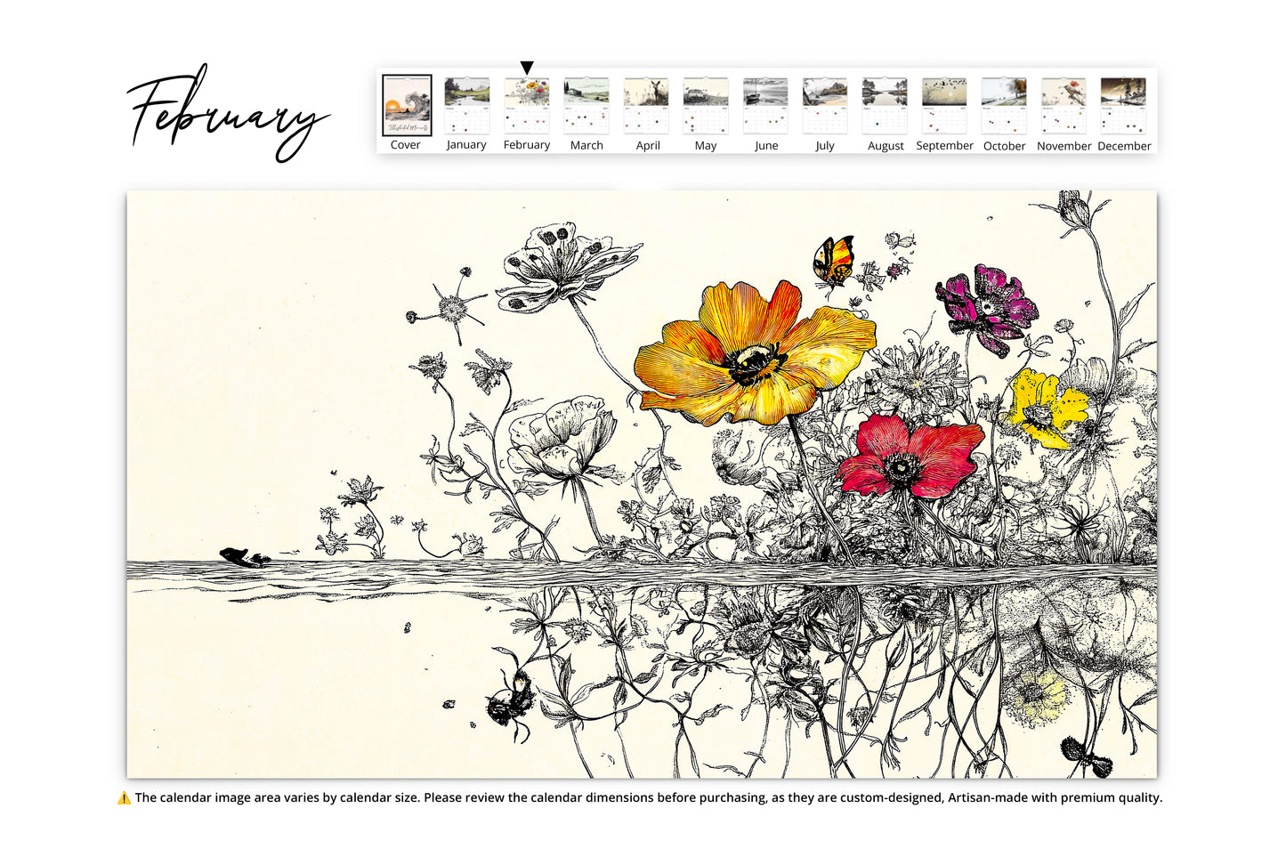 February page of the "Illustrated Moments" calendar featuring a detailed and colorful illustration of wildflowers reflected in water, showcasing intricate floral artistry.