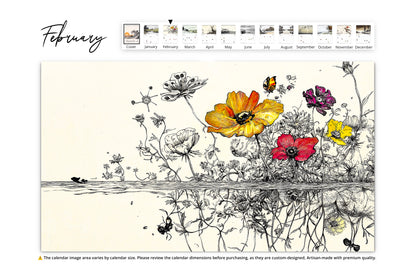 February page of the "Illustrated Moments" calendar featuring a detailed and colorful illustration of wildflowers reflected in water, showcasing intricate floral artistry.