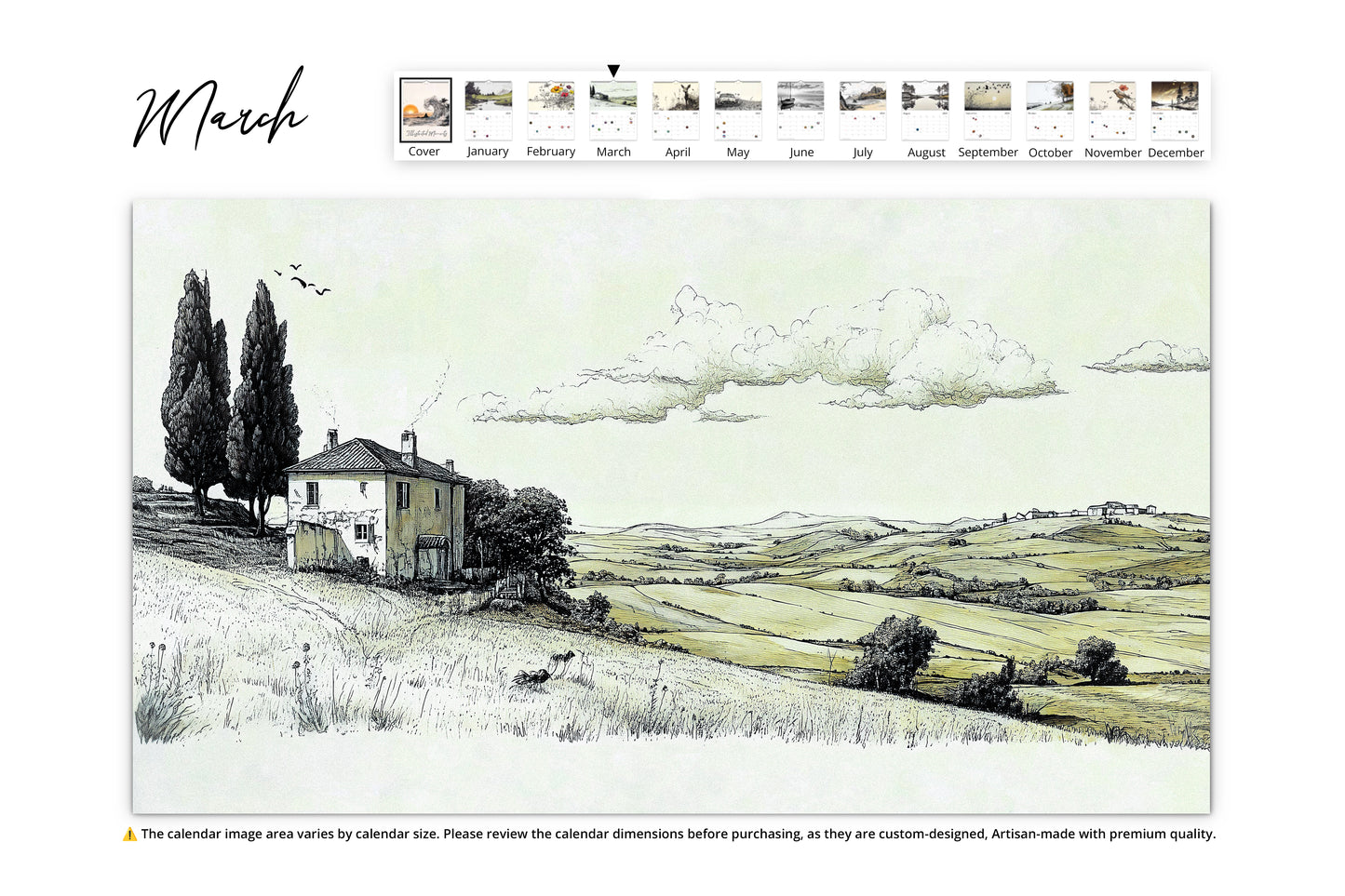 March page of the "Illustrated Moments" calendar, presenting a tranquil countryside scene with a quaint house, tall cypress trees, and rolling hills under a lightly clouded sky.