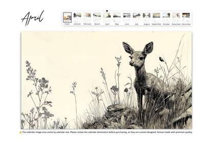 April page of the "Illustrated Moments" calendar featuring a close-up illustration of a deer surrounded by tall grass and wildflowers, accompanied by a small bird perched nearby.