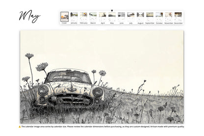 May page of the "Illustrated Moments" calendar depicting a rustic, abandoned vintage car amidst a field of wildflowers under a soft, neutral background.
