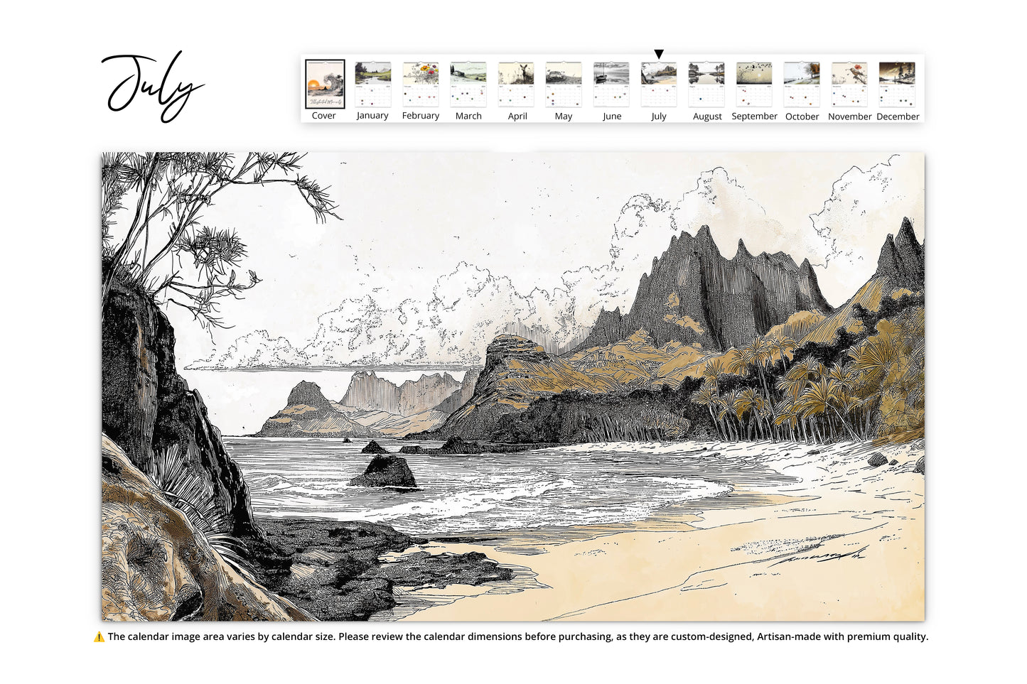 July page of the "Illustrated Moments" calendar featuring a scenic beach with rugged cliffs and tropical vegetation under a partly cloudy sky.