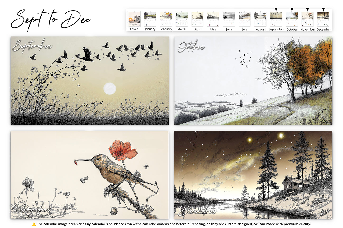 September to December pages of the "Illustrated Moments" calendar, showing seasonal illustrations: a field with flying birds for September, a peaceful autumn path for October, a bird with a poppy flower for November, and a glowing starlit forest cabin for December.