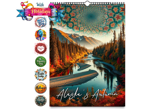 Cover: Captivating autumnal scene in Alaska with a river winding through a vibrant, colorful forest under a mesmerizing kaleidoscope sky, enhanced with festive ribbon and holiday icons on top.