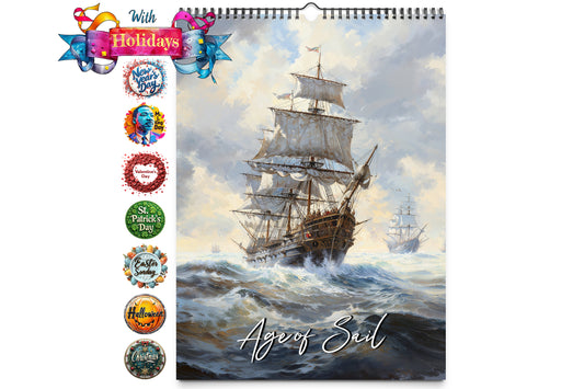 Cover image of the Age of Sail wall calendar with a majestic sailing ship navigating through turbulent seas