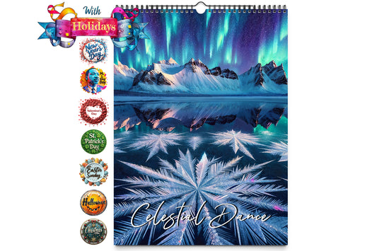 Colorful cover of the Kaleidoscope Artisan Wall Calendar titled Celestial Dance featuring a snowy landscape with a bright aurora borealis in the sky.