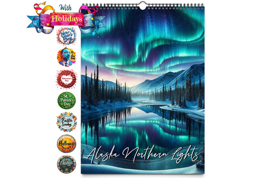 Wall calendar cover featuring a stunning display of the northern lights over an Alaskan winter landscape with holiday decorations