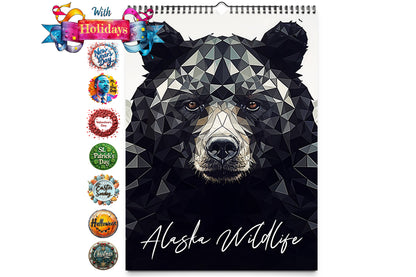 Cover image of Kaleidoscope Artisan Wall Calendar featuring a geometric bear illustration titled Alaska Wildlife with holiday icons along the left side