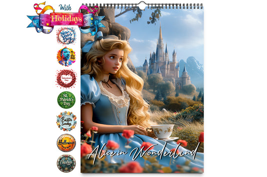 Kaleidoscope Artisan Wall Calendar Alice in Wonderland cover with Alice sitting in a meadow near a castle in the background