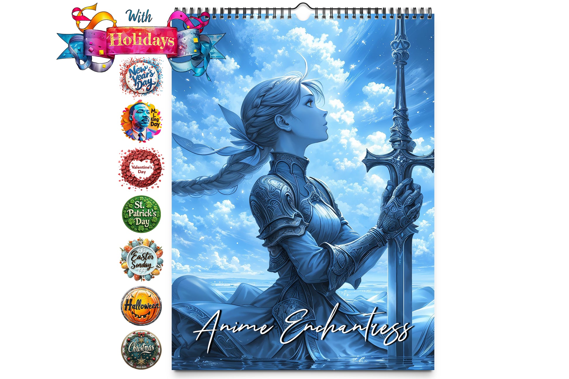 Cover image of the Anime Inspired Enchantress 2025 calendar featuring a detailed illustration of a female warrior in anime style, holding a sword against a blue sky background