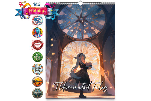 Cover of the Anime Illuminated Tales calendar featuring an anime character holding a bouquet in a beautifully lit cathedral with stained glass windows