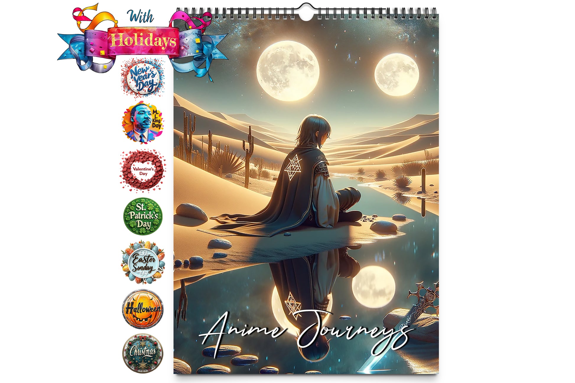 Cover image of Anime Journeys wall calendar featuring a serene scene of a character sitting by a reflective water body in a desert with two moons shining in the sky.