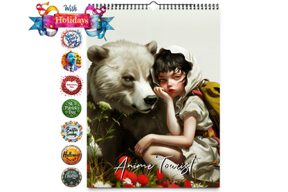 Cover image featuring a girl in an anime style with a bear in nature, surrounded by holiday icons including New Year's Day, Valentine's Day, and Christmas