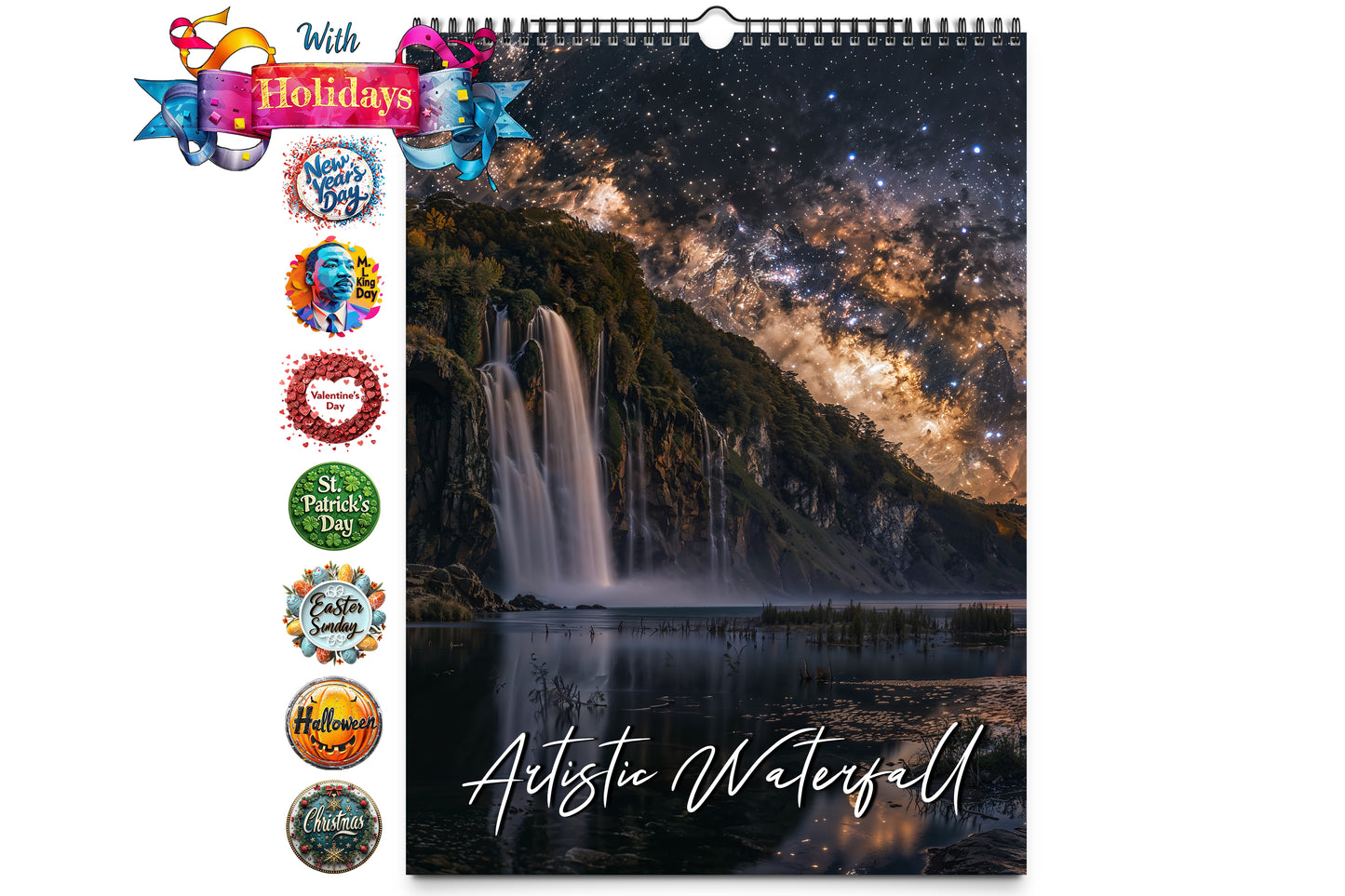 Cover image of the Artistic Waterfall wall calendar showcasing a stunning waterfall under a starry night sky with holiday icons on the side