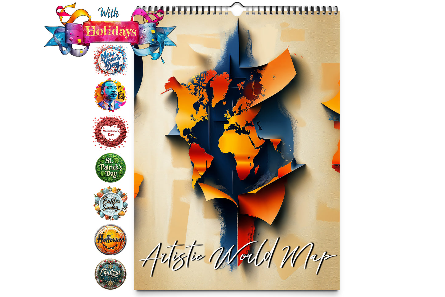 Cover of Artistic World Map Wall Calendar featuring a colorful abstract world map design with included holiday icons on the side