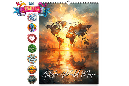 Cover of Artistic World Map Wall Calendar featuring a world map design with included holiday icons on the side