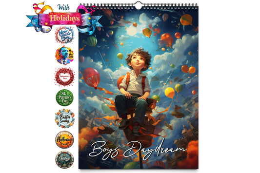 Cover image of the Boys Daydream calendar featuring a young boy surrounded by colorful hot air balloons in a dreamy sky with holiday icons on the left side