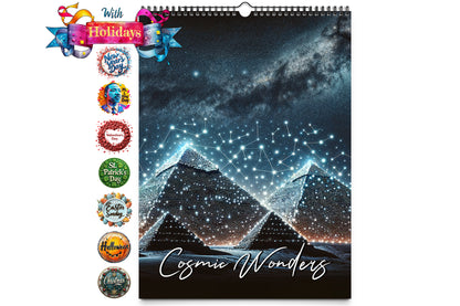 Cover image of the Cosmic Wonders wall calendar featuring illuminated pyramids against a starry night sky with constellation patterns