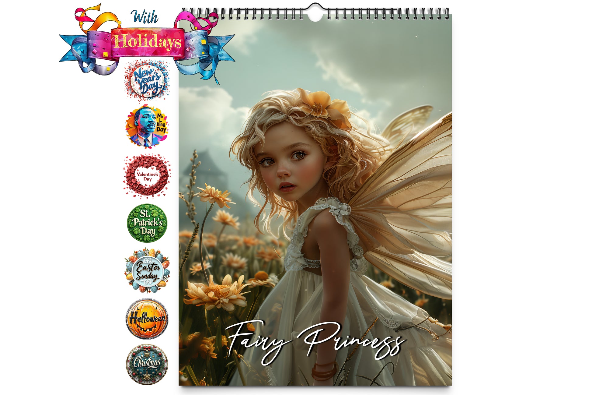 A beautiful wall calendar with a cover featuring a fairy princess in a whimsical floral setting surrounded by icons for various holidays