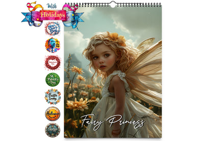 A beautiful wall calendar with a cover featuring a fairy princess in a whimsical floral setting surrounded by icons for various holidays