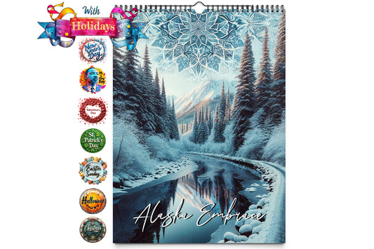 Cover image of Kaleidoscope Artisan Wall Calendar - Alaska Embrace featuring a serene winter landscape with a river surrounded by snowy trees and mountains