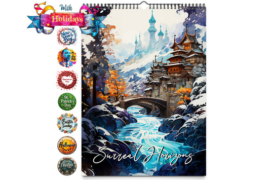 Cover of Kaleidoscope Artisan Wall Calendar Surreal Horizons with holiday icons