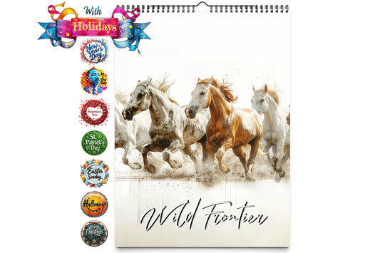 Cover image featuring galloping horses on a white background with colorful holiday icons on the side