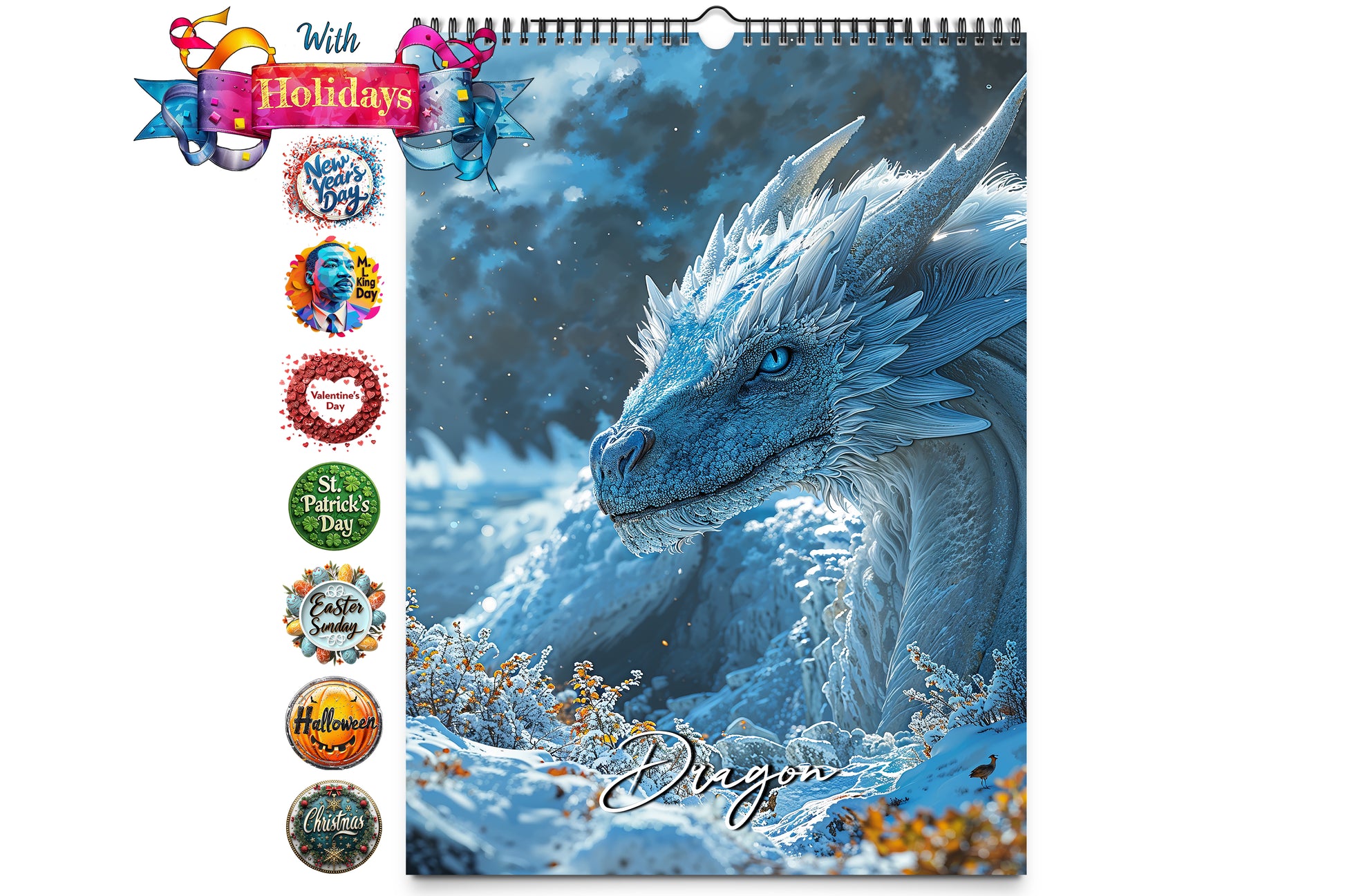 Wall calendar cover featuring a detailed blue dragon in a snowy landscape with holiday decorations