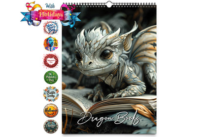 Cover image of a wall calendar featuring a whimsical dragon with books, highlighting 2025 holidays.