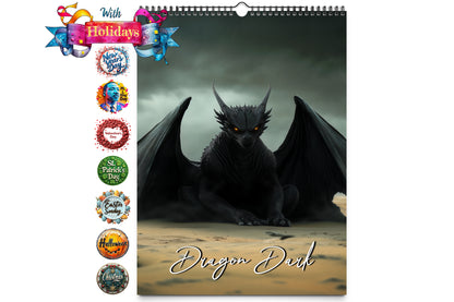 Cover with a black dragon in a misty landscape, glowing orange eyes, holiday icons on the left.