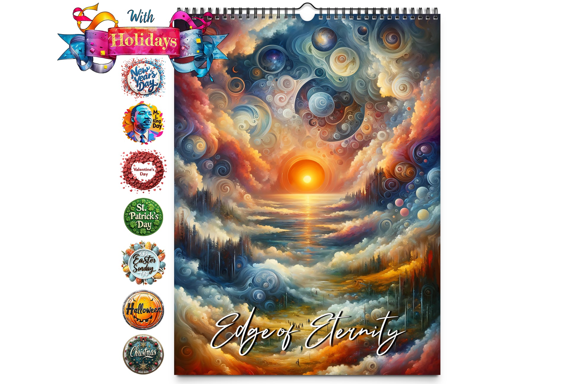 Kaleidoscope Artisan Wall Calendar - Edge of Eternity with vibrant holiday-themed icons on the left and a stunning cover featuring a surreal sunset with swirling clouds and abstract shapes