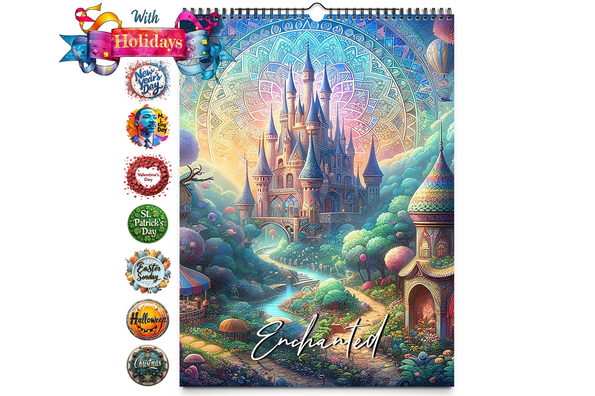 Cover of the Enchanted calendar featuring a vibrant, whimsical castle surrounded by colorful, intricate patterns and foliage