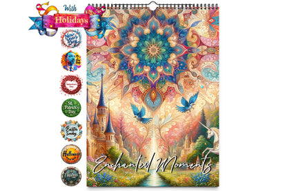 Cover page of Kaleidoscope Artisan Wall Calendar Enchanted Moments with colorful mandala design and enchanting castle illustration