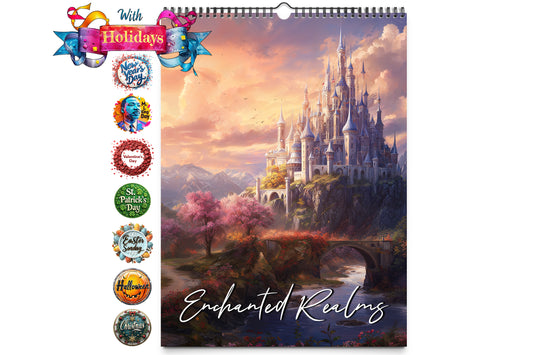 A wall calendar with the title Enchanted Realms featuring a majestic castle surrounded by mountains and a river with colorful holiday icons on the left