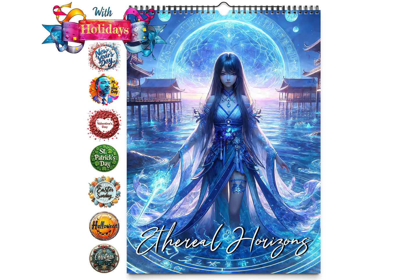 Ethereal Horizons cover showing a mystical figure in an enchanting blue and purple setting with 2025 holidays listed