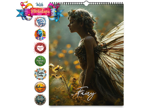 Cover image of the Kaleidoscope Artisan Wall Calendar featuring a fairy in a field of flowers with holiday icons on the left side