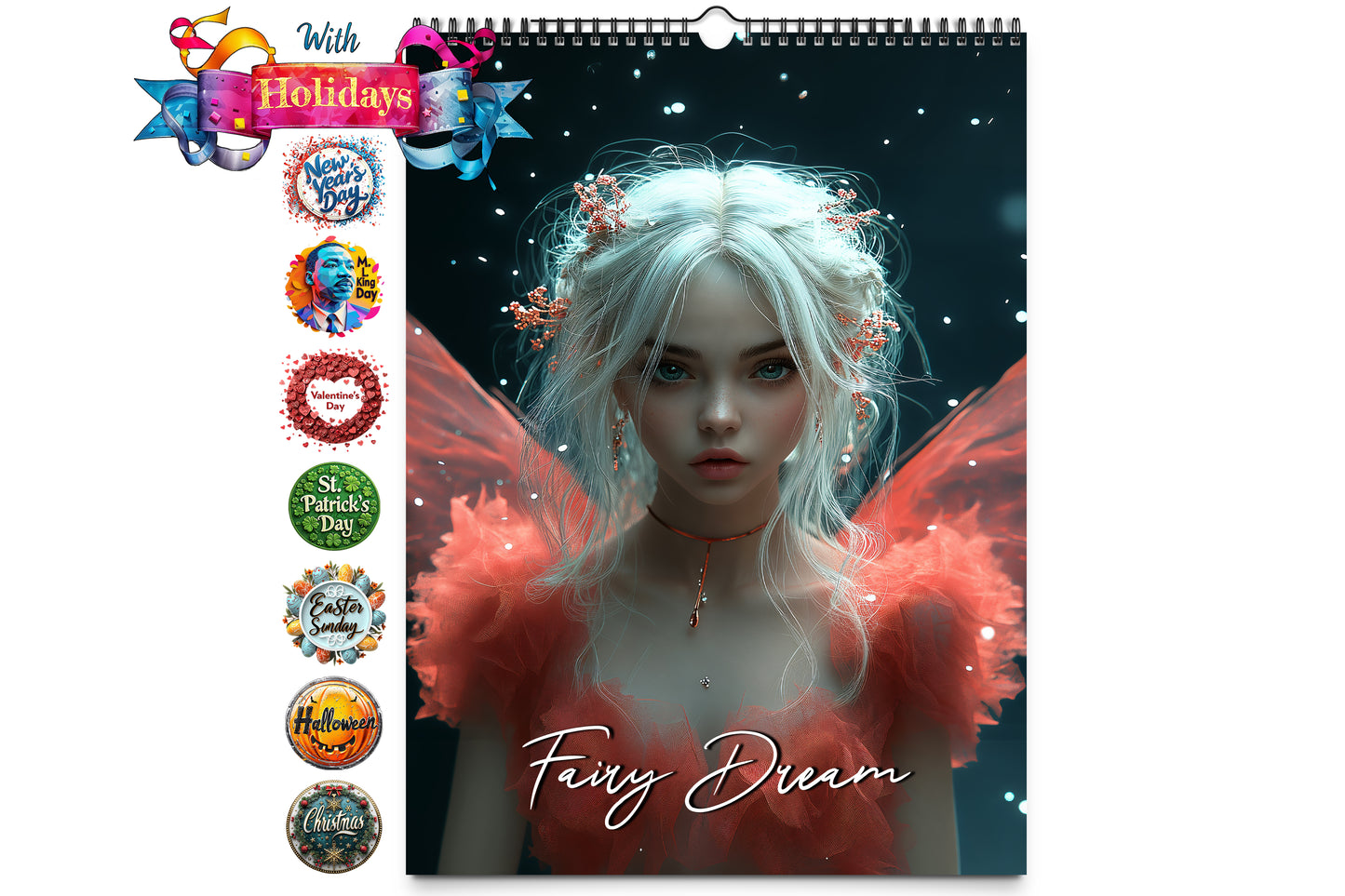 A serene fairy with white hair and red wings, dressed in a flowing red gown, set against a dark, magical background with floating snow-like particles. "Fairy Dream" is written at the bottom in elegant scri