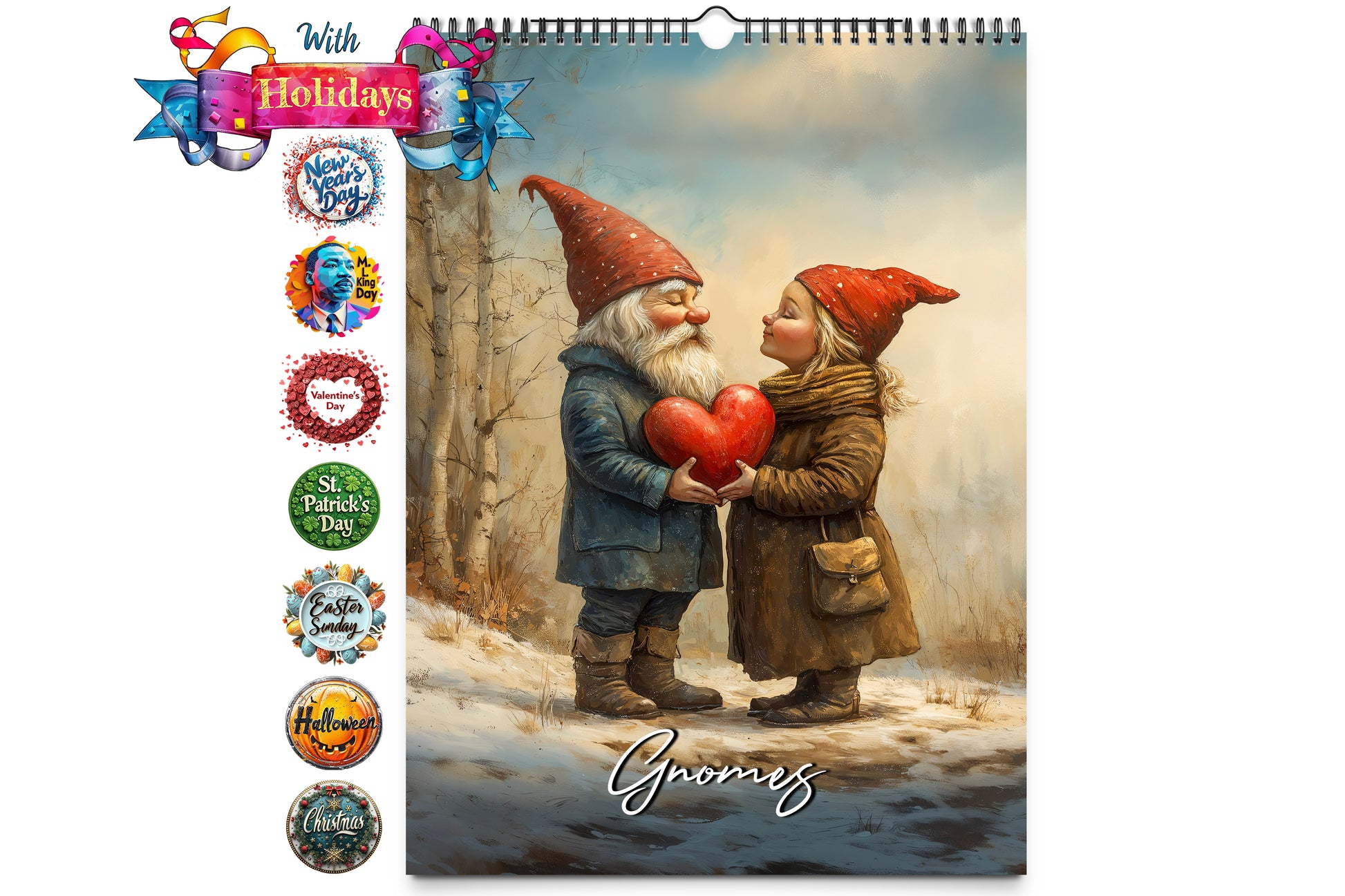 Cover image featuring a gnome couple holding a red heart in a snowy forest  