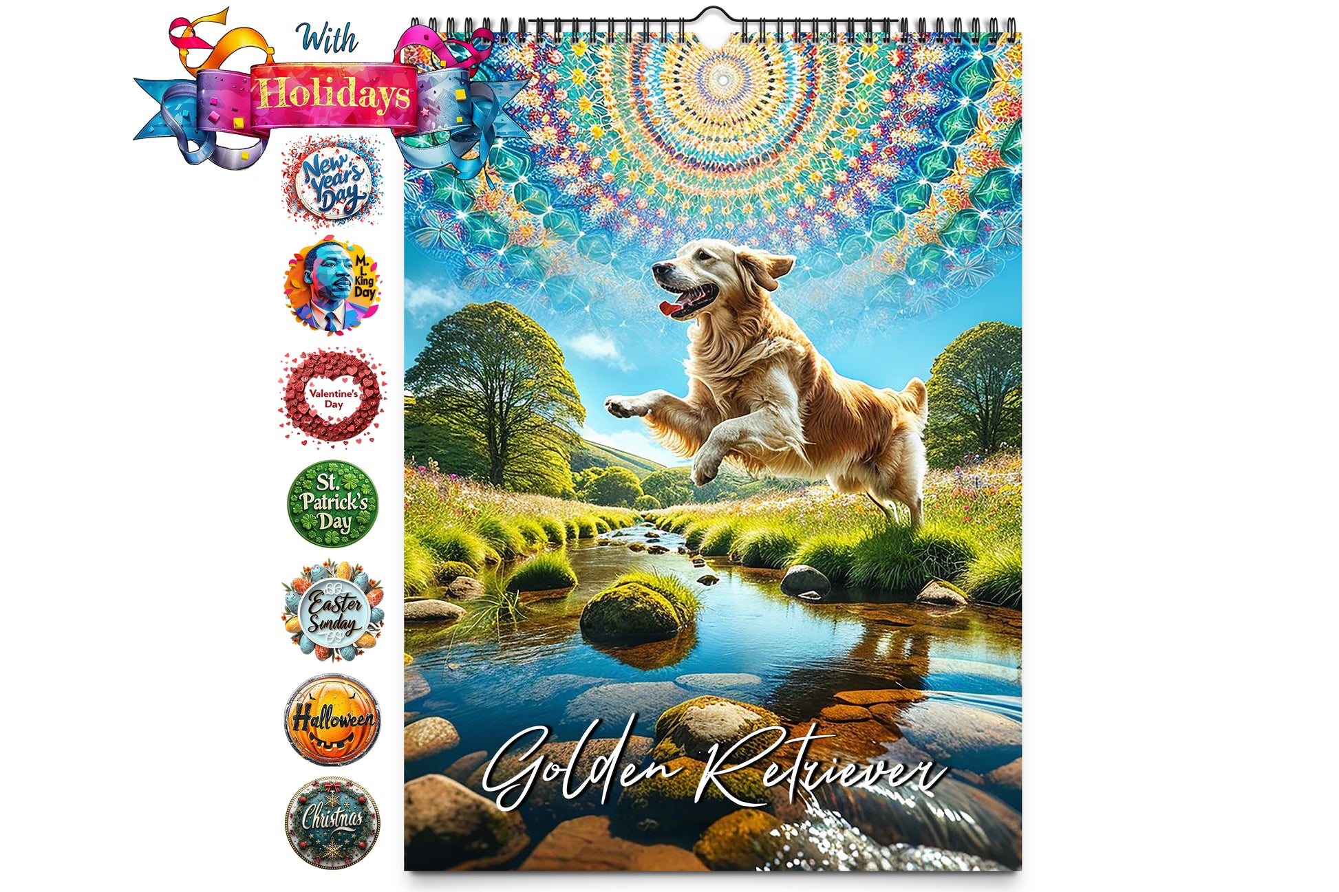 Cover of a Kaleidoscope Artisan Wall Calendar featuring a joyful Golden Retriever leaping over a stream in a vibrant, sunlit landscape with intricate mandala sky patterns.