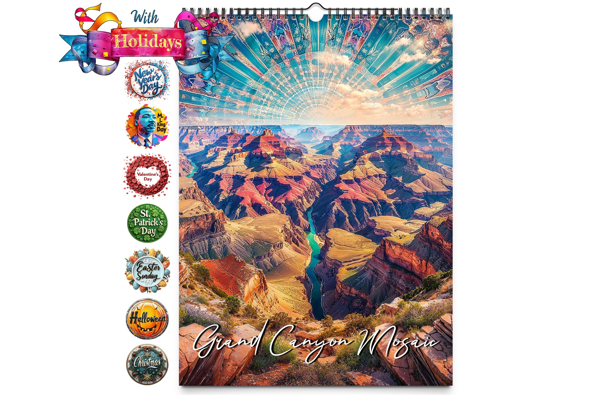 Grand Canyon calendar cover with vibrant mosaic-style sky, bold canyon colors, and holiday icons such as New Year's and Valentine's Day displayed on the left.