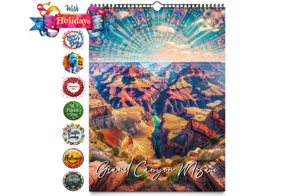 Grand Canyon calendar cover with vibrant mosaic-style sky, bold canyon colors, and holiday icons such as New Year's and Valentine's Day displayed on the left.