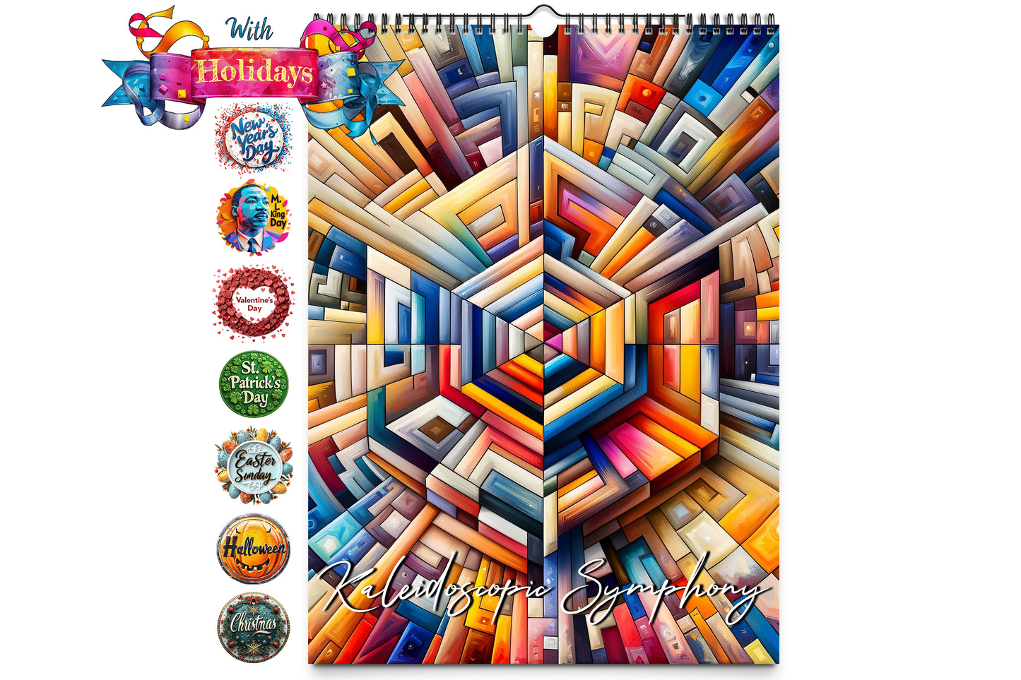 Cover image of Kaleidoscope Artisan Wall Calendar featuring a vibrant, abstract design of colorful, interlocking geometric shapes, creating a mesmerizing kaleidoscopic effect.