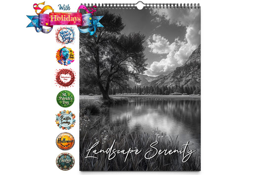 Cover image of the Landscape Serenity wall calendar featuring a serene black and white photograph of a tranquil lake surrounded by trees and mountains.