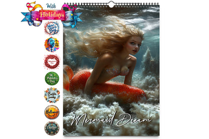 An enchanting underwater scene featuring a beautiful mermaid with long flowing blonde hair and a shimmering orange tail, kneeling on the ocean floor, surrounded by gentle waves and bubbles.