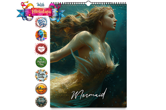 Cover image of the Kaleidoscope Artisan Wall Calendar featuring a majestic mermaid with golden scales swimming gracefully underwater