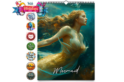 Cover image of the Kaleidoscope Artisan Wall Calendar featuring a majestic mermaid with golden scales swimming gracefully underwater